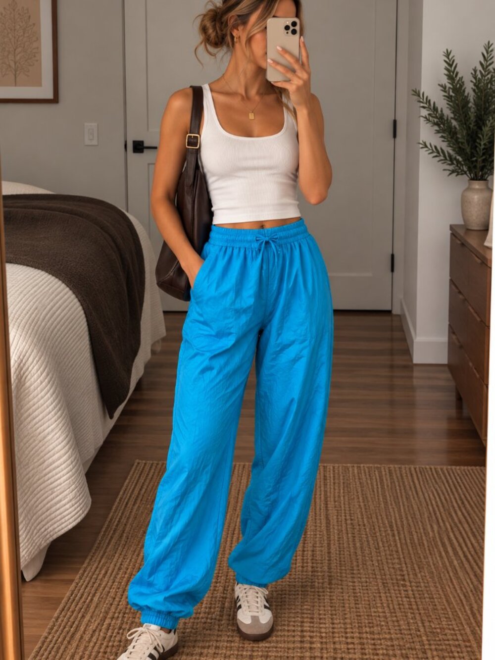 Vintage 100% Silk Track Pants Womens L Turquoise Blue Jogger